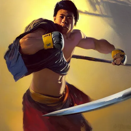 Image similar to greg manchess portrait of a filipino mma fighter charging with a sword, organic painting, sunny day, matte painting, bold shapes, hard edges, street art, trending on artstation, by huang guangjian, gil elvgren, ruan jia, randy vargas, greg rutkowski