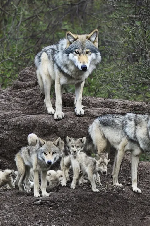 Prompt: wolf with cubs