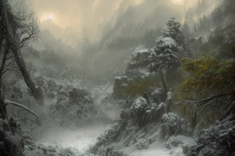 Image similar to a beautiful oil painting of a valley covered in snow, trees with green leaves, thunderstorm in the sky, blue lighting, gloomy, atmospheric lighting, detailed, beautiful!! by greg rutkowski, trending on artstation