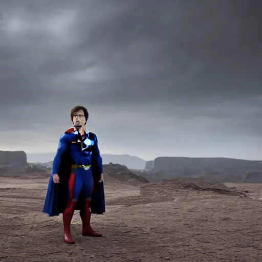 Image similar to stunning awe inspiring peter dinklage as superman, movie still 8 k hdr atmospheric lighting