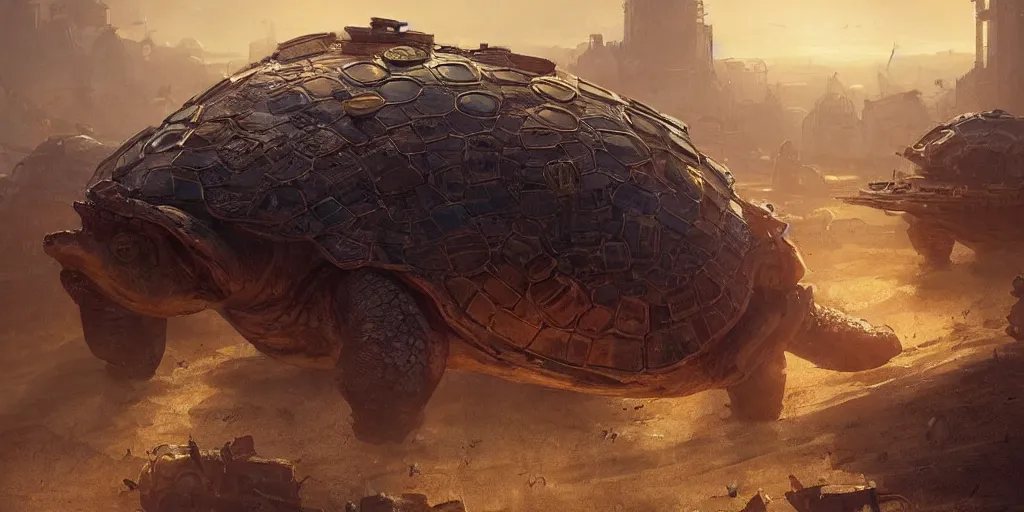 Image similar to a giant steampunk turtle city, wandering the empty plains at dawn, ethereal fantasy art by greg rutkowski