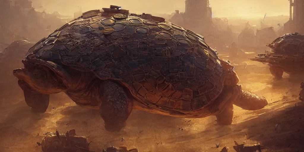 Prompt: a giant steampunk turtle city, wandering the empty plains at dawn, ethereal fantasy art by greg rutkowski