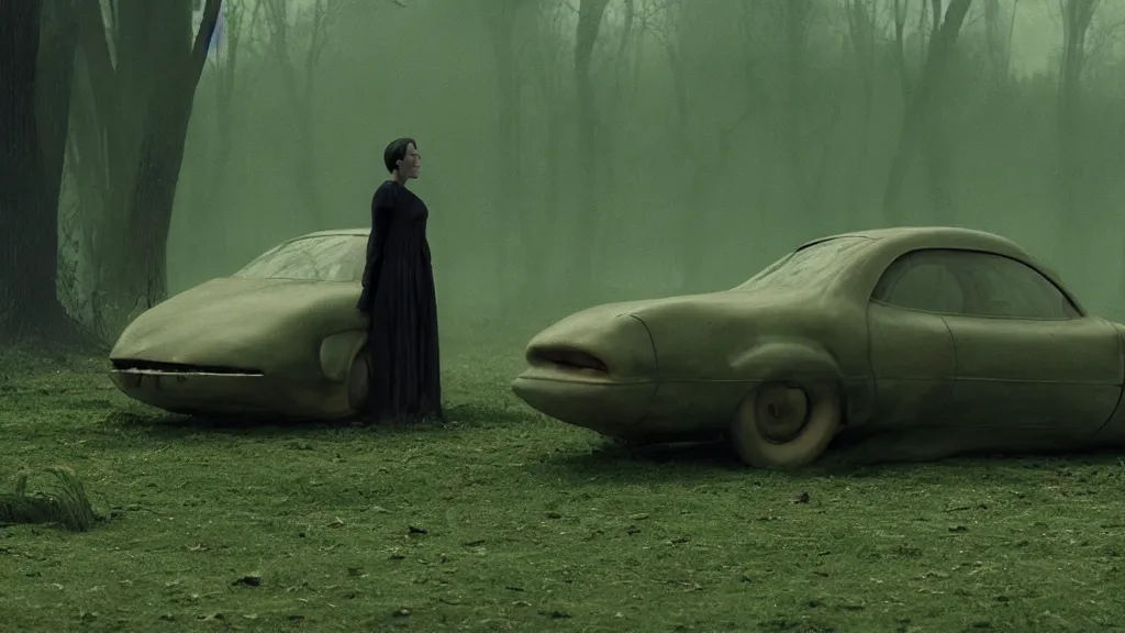 Image similar to the strange creature waits by the car, made of Chlorophyll and blood, film still from the movie directed by Denis Villeneuve with art direction by Salvador Dalí, wide lens