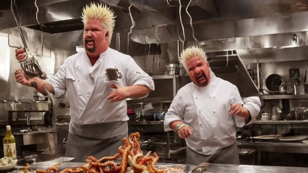 Image similar to guy fieri, turning into an eldritch horror monster, with tentacles, in a restaurant kitchen, film still from the movie directed by denis villeneuve with art direction by salvador dali