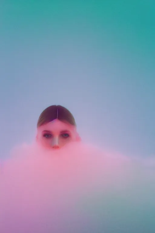 Image similar to high quality pastel coloured film close up wide angle photograph of a model wearing clothing swimming on cloud furniture in a icelandic black rock!! environment in a partially haze filled dreamstate world. three point light, rainbow. photographic production. art directed. pastel colours. volumetric clouds. pastel gradient overlay. waves glitch artefacts. extreme facial clarity. 8 k. filmic.