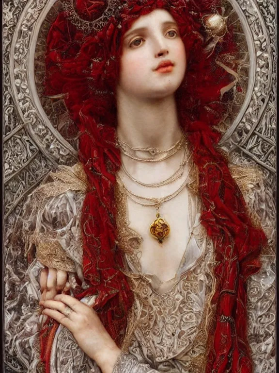 Image similar to a beautiful render of a catholic veiled red queen with symmetry intricate detailed ,heart sculpture,by Lawrence Alma-Tadema,,aaron horkey,Billelis,trending on pinterest,hyperreal,jewelry,gold,intricate,maximalist,glittering,golden ratio,cinematic lighting