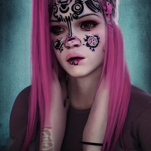 Image similar to An octane 3d render of a girl with pink pigtails, and face tattoos, 8d, HD, hyper detailed, intricate details, photorealistic, dynamic lighting, stunning visuals, creative, trending on art station,