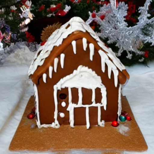 Image similar to a two story gingerbread house for gnome cats