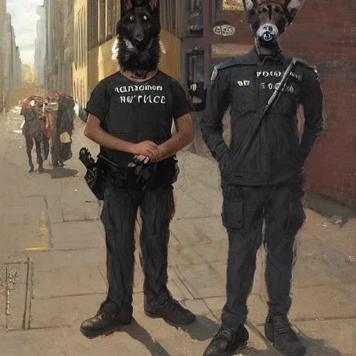 Image similar to new york city portrait of furry anthro anthropomorphic german shepard head animal person fursona wearing clothes nypd traditional police uniform in the alley, sunny day, digital art by Nerdrum John, William Waterhouse, Winslow Homer, Alex Heywood, Jordan Grimmer, Darren Quach, Greg Rutkowski, Simon Stalenhag, trending on Artstation, CGSociety