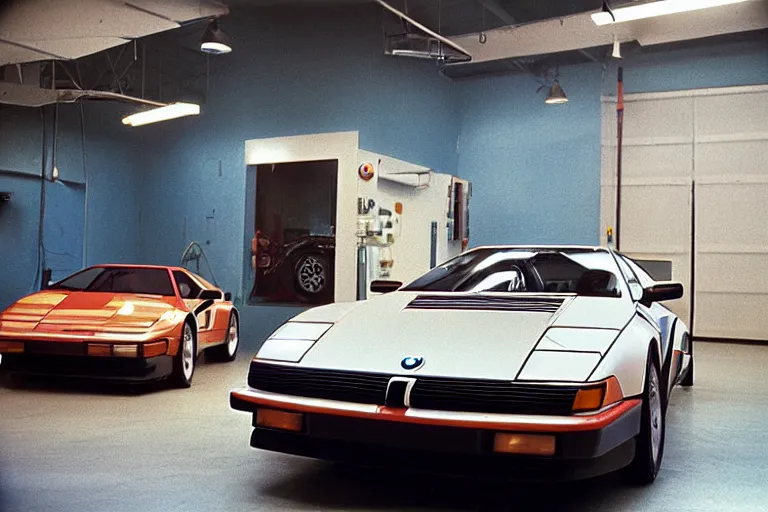 Image similar to A single 1985 Vector W8 Twin Turbo 911 BMW M1 Bronco inside of a car wash, ektachrome photograph, volumetric lighting, f8 aperture, cinematic Eastman 5384 film