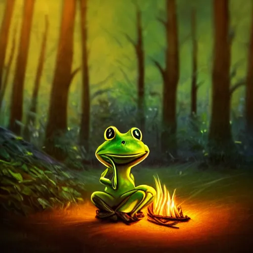 Prompt: frog sitting in forest, magical light, dramatic light, dark, forest, shooting star, marshmallow, stick, barbecue, wooden logs, bonfire, tents, trees, plants, colorful, trending on artstation, disney, cartoon, illustration - n 9