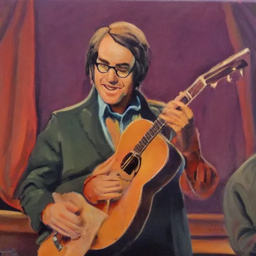 Prompt: John Sebastian playing music on stage in 1967, oil painting
