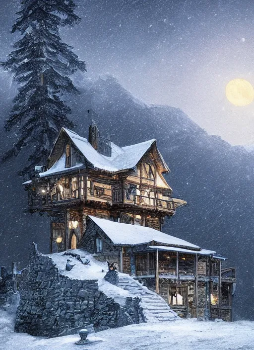 Image similar to a cabin castle on the top of a snowy mountain, crescent moon, greg rutkowski, 8 k, shallow depth of field, intricate detail, concept art,