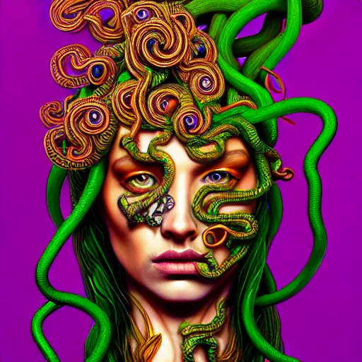 Image similar to an extremely psychedelic portrait of medusa, surreal, lsd, face, detailed, intricate, elegant, lithe, highly detailed, digital painting, artstation, concept art, smooth, sharp focus, illustration