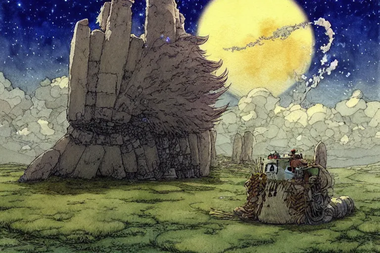 Prompt: hyperrealist studio ghibli watercolor fantasy concept art of a giant from howl's moving castle sitting on stonehenge like a chair. it is a misty starry night. by rebecca guay, michael kaluta, charles vess