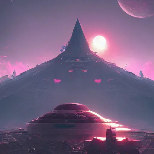 Image similar to beautiful landscape, nier automata, protoss temple!!!, machine planet, pink sun, advanced technology, cinematic lighting, highly detailed, masterpiece, art by bastien grivet