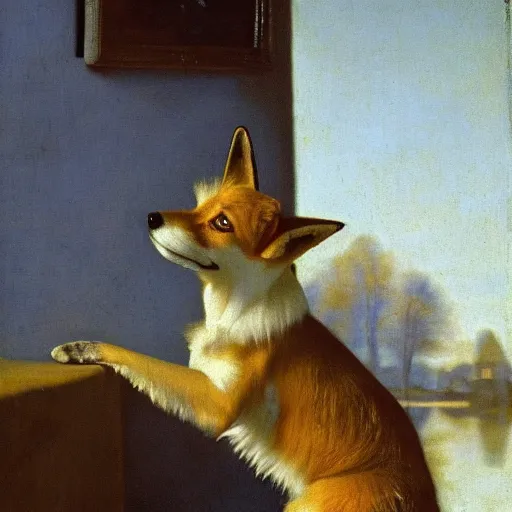 Prompt: an oil painting of a wire - haired fox terrier barking all the time at golden hour painted by johannes vermeer, masterpiece 8 k