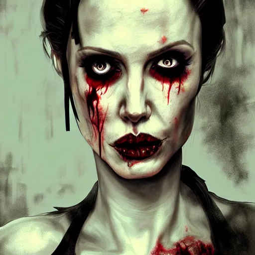 Prompt: a zombie Angelina Jolie, by WLOP, horror, wounds, bloody, dark fantasy, trending on artstation