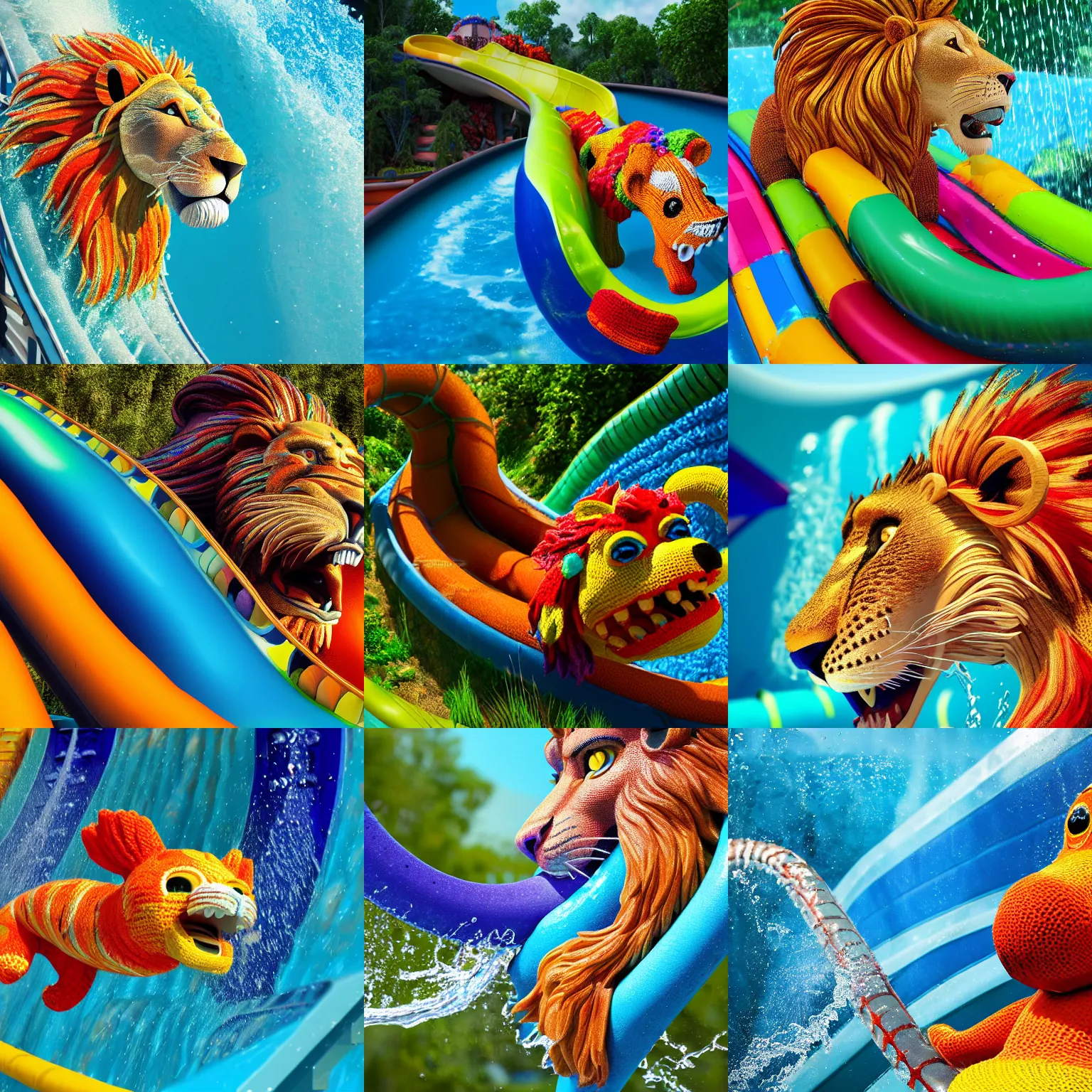 Prompt: a closeup photorealistic photograph of a colorful knitted barracuda style lion riding down a water slide. splashing. professional capture. bright scene. this 4 k hd image is trending on artstation, featured on behance, well - rendered, extra crisp, features intricate detail, epic composition and the style of unreal engine.