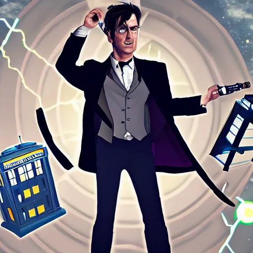 Prompt: Portrait of The Tenth Doctor stepping out of the Tardis and holding a sonic screwdriver, artstation, high definition, 4k, sharp focus