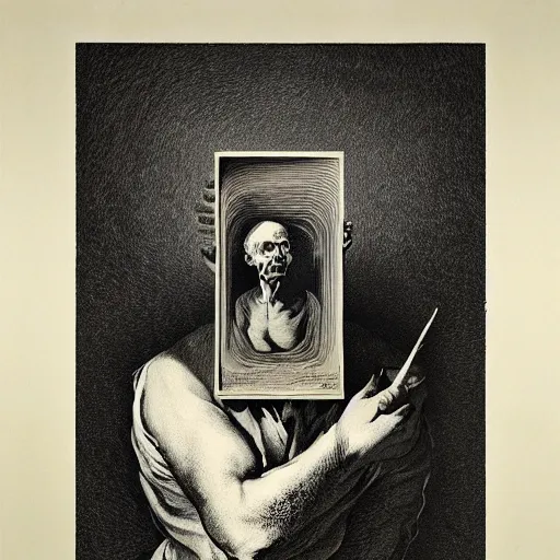 Prompt: lithography on paper secret later conceptual figurative post - morden monumental dynamic portrait by goya and escher and hogarth, illusion surreal art, highly conceptual figurative art, intricate detailed illustration, controversial poster art, polish poster art, geometrical drawings, no blur