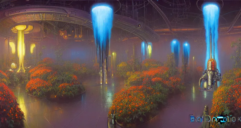 Prompt: a bright minimalist bioluminescent oil painting by donato giancola, warm coloured, cinematic scifi luxurious futuristic foggy steam filled victorian garden with microscopy radial windows flowers growing out of pretty bulbous ceramic fountains, gigantic pillars and flowers, maschinen krieger, beeple, star trek, star wars, ilm, atmospheric perspective