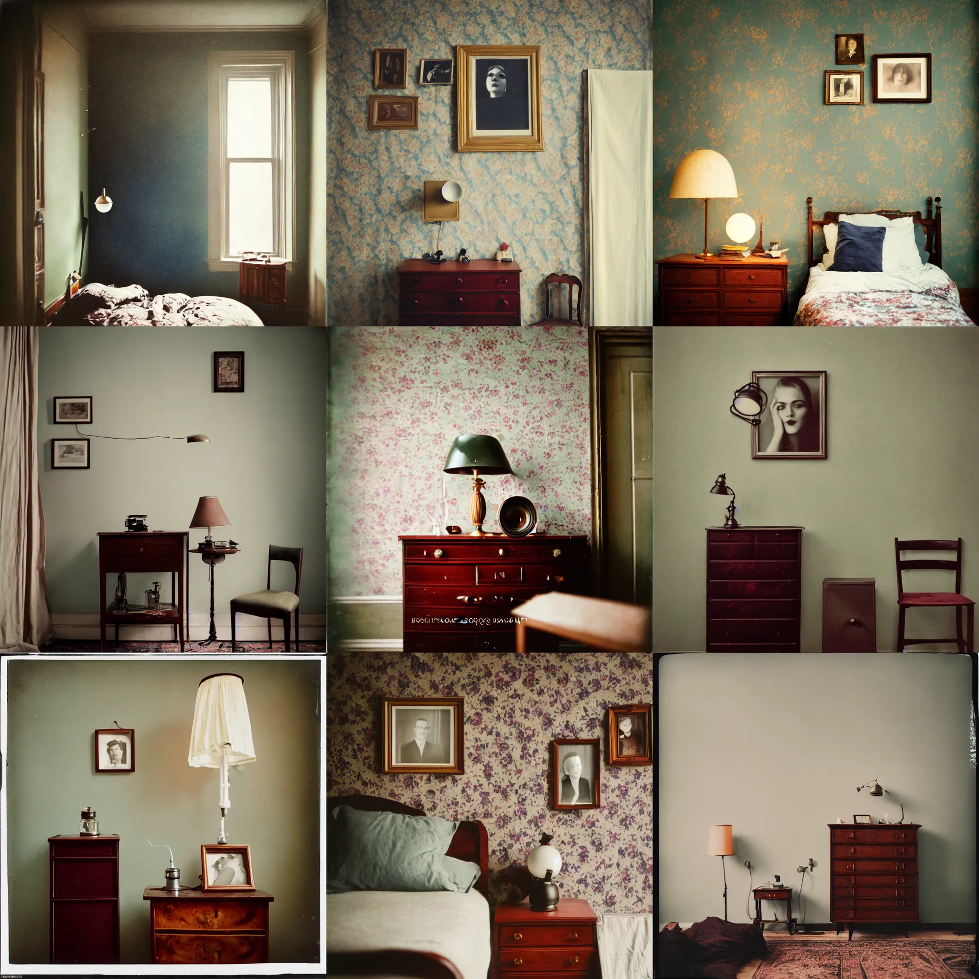 Image similar to kodak portra 4 0 0, wetplate, fisheye, award - winning portrait photo by britt marling, 1 9 2 0 s room, picture frames, 1 9 2 0 s furniture, wallpaper, carpet, shining lamp,, muted colours, blueberry, wood, fog,