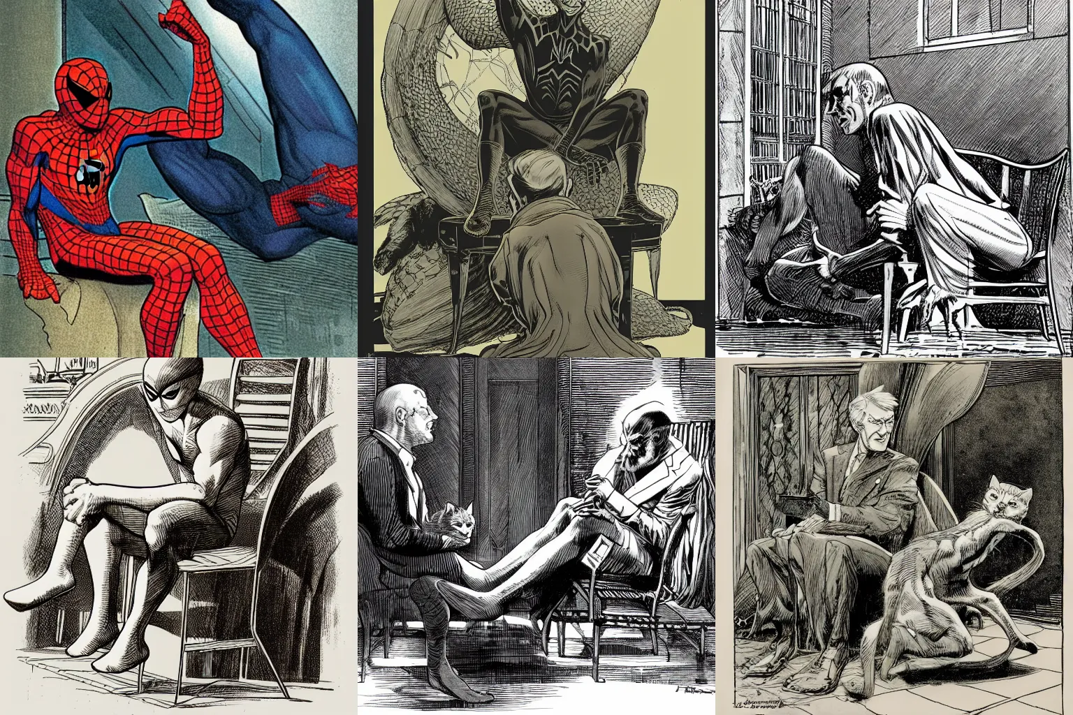 Prompt: franklin booth illustration spider - man sitting down with a cat in his lap