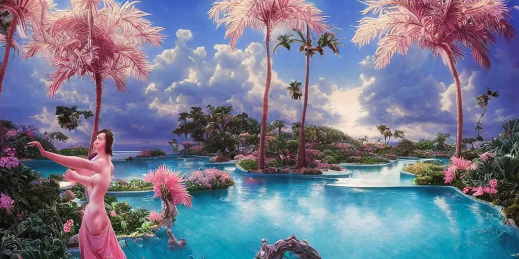 Image similar to masterpiece, hyperrealistic surrealism, award winning masterpiece with incredible details, epic stunning, infinity pool, a surreal vaporwave liminal space, highly detailed, trending on ArtStation, calming, meditative, pink arches, flowing silk sheets, palm trees, very vaporwave, very very surreal, sharp details, dreamscape, artgerm and greg rutkowski and alphonse mucha, daily deviation, IAMAG