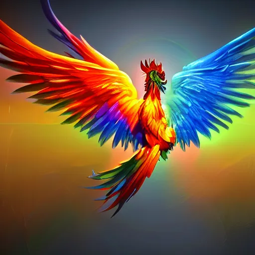 Image similar to a fantasy painting of an abstract rainbow phoenix on a dark background, high contrast, positive energy, unreal engine 5, Houdini render