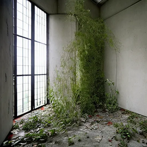 Image similar to an abandoned room in a concrete building, modern avant - garde, few overgrown plants, dreamy, overcast, by hans bellmer