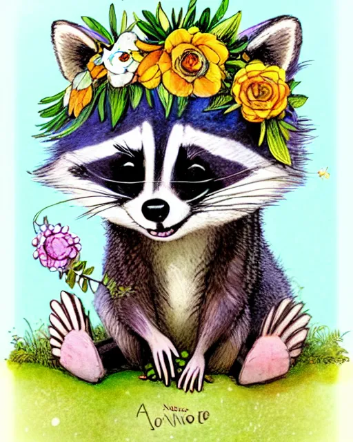 Image similar to a storybook illustration of a smiling happy cute raccoon wearing a flower crown, by antoine de saint - exupery and annabel kidston and naomi okubo and jean - baptiste monge. a child storybook illustration, muted colors, soft colors, low saturation, fine lines, white paper