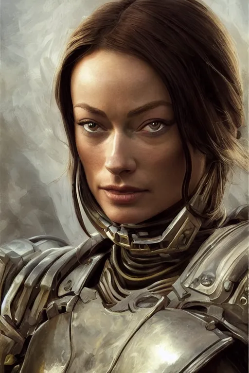 Image similar to a professional painting of a young Olivia Wilde, clothes in military armor, olive skin, long dark hair, beautiful bone structure, symmetrical facial features, intricate, elegant, digital painting, concept art, smooth, sharp focus, illustration, from StarCraft by Ruan Jia and Mandy Jurgens and Artgerm and William-Adolphe Bouguerea