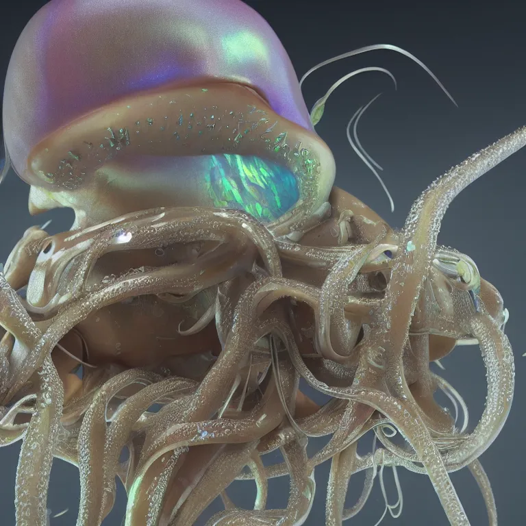Image similar to octane render portrait by wayne barlow and carlo crivelli and glenn fabry, a deep ocean mariana trench fish squid octopus jellyfish creature made out inflated clear iridescent plastic and bioluminescence, cinema 4 d, ray traced lighting, very short depth of field, bokeh