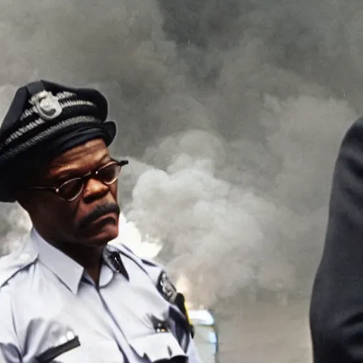 Image similar to samuel jackson getting arrested while exhaling a cloud of smoke, candid photography