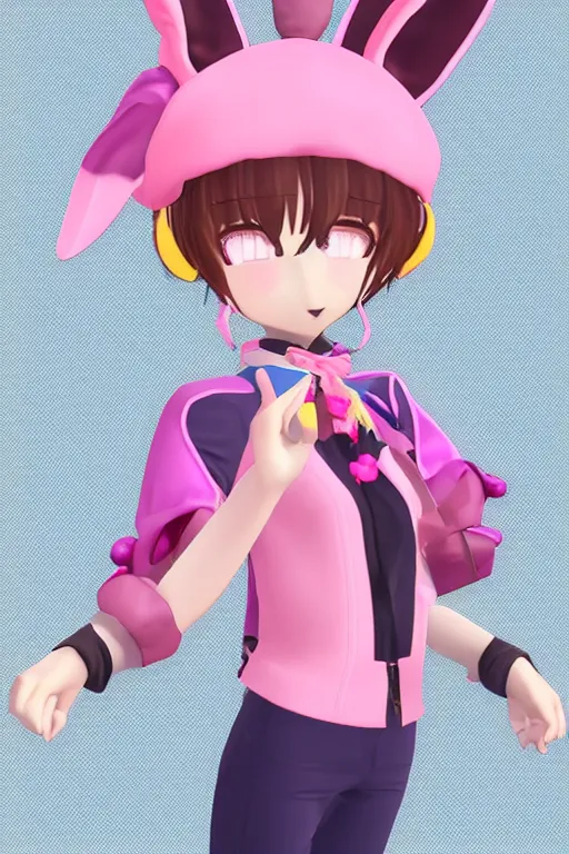 Image similar to a vrchat avatar girl with fuzzy bunny ears, whiskers like a cat, and a big pink beret, anime style, cel shaded, cute, kawaii, jewelry