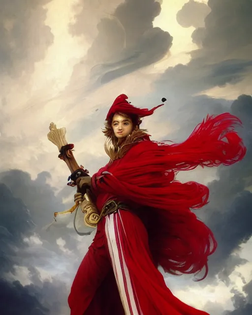 Image similar to A Full View of a Red Mage wearing striped shining armor and a feathered hat holding a staff of power surrounded by an epic cloudscape. Magus. Red Wizard. masterpiece. 4k digital illustration. by Ruan Jia and Artgerm and Andreas Rocha and William-Adolphe Bouguereau and Edmund Blair Leighton. award winning, Artstation, intricate details, realistic, Hyperdetailed, 8k resolution. Concept Painting. Key Art