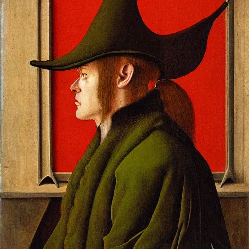 Prompt: 3/4 bust portrait of a high fantasy elf mall cop by Jan van Eyck