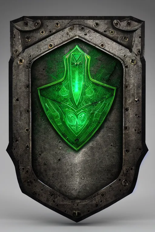 Image similar to green medieval shield, powerful fantasy epic legends, game icon stylized, digital illustration radiating, a glowing aura, global illumination, ray tracing, 8 k high definition, intricate details, octane render, unreal engine, trending on arstation