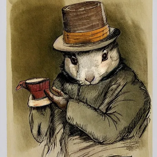 Image similar to a rabbit wearing a deerstalker hat and a brown coat, in the style of carl larsson