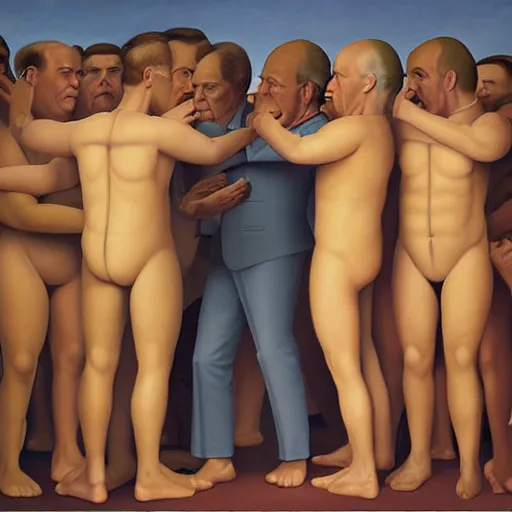 Prompt: oil painting by george tooker of a satirical presidential run