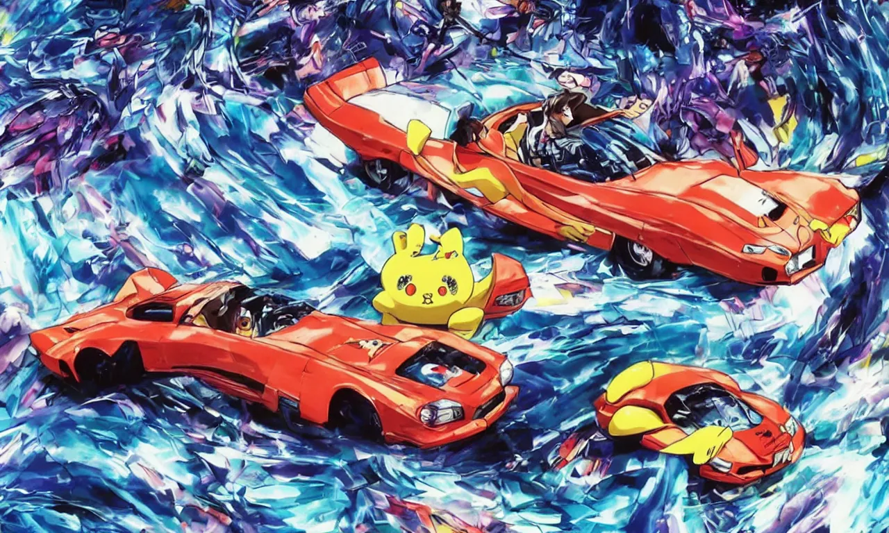 Image similar to blurry photograph of 9 0 s need for speed street racer car in the style of a neon genesis evangelion eva - 0 2, convertible car being driven cuddling a togepi rilakkuma