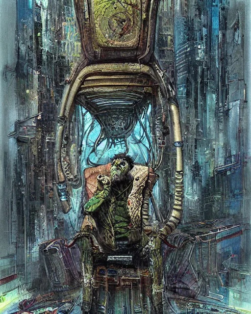 Prompt: a painting of a man sitting on top of a chair, cyberpunk art by john backderf and by ian miller and by peter de seve, cgsociety, neo - primitivism, dystopian art, biomorphic, parallax