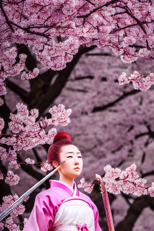 Image similar to highly detailed beautiful photo of a young female samurai, practising sword stances in front of a cherry blossom tree, symmetrical face, beautiful eyes, pink hair, realistic anime art style, 8 k, award winning photo, pastels colours, action photography, 1 / 1 2 5 shutter speed, sunrise lighting