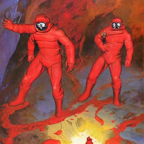 Prompt: two time travelers wearing red hazmat suits entering the portal to the crystal dimension by frank frazetta. heavy chromatic aberration.