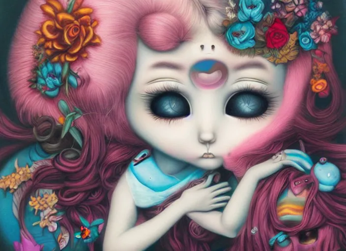 Prompt: pop surrealism, lowbrow art, realistic cute girl painting, japanese street fashion, hyper realism, muted colors, mark ryden, trevor brown style