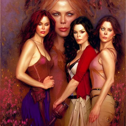 Image similar to the charmed ones tv show, prue, piper, phoebe. highly detailed painting by gaston bussiere, craig mullins, j. c. leyendecker, 8 k