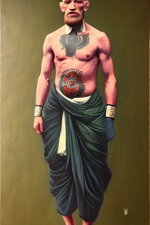 Image similar to full body portrait of conor mcgregor as mahatma gandhi, oil on canvas by william sidney mount, hindu art, great soul, irish folk, trending on artstation