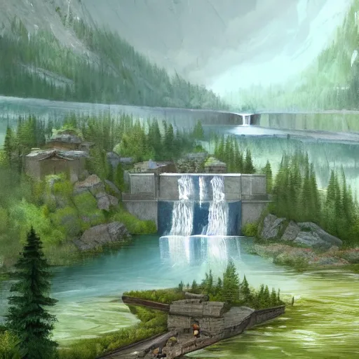 Image similar to A stone lake dam high in the mountains. The dam is broken in the middle creating a waterfall that overflows the river below. .Fantasy, concept art, sharp focus, artstation