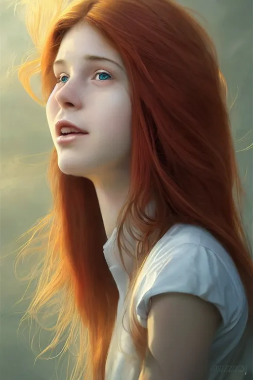 Prompt: ultra realistic style illustration of a beautiful cute red haired joyful teen girl, long hair, 1 9 year old, portrait, sci - fi, fantasy, intricate, elegant, digital painting, artstation, concept art, smooth, sharp focus, illustration, 8 k frostbite 3 engine, ultra detailed, art by artgerm and greg rutkowski and magali villeneuve